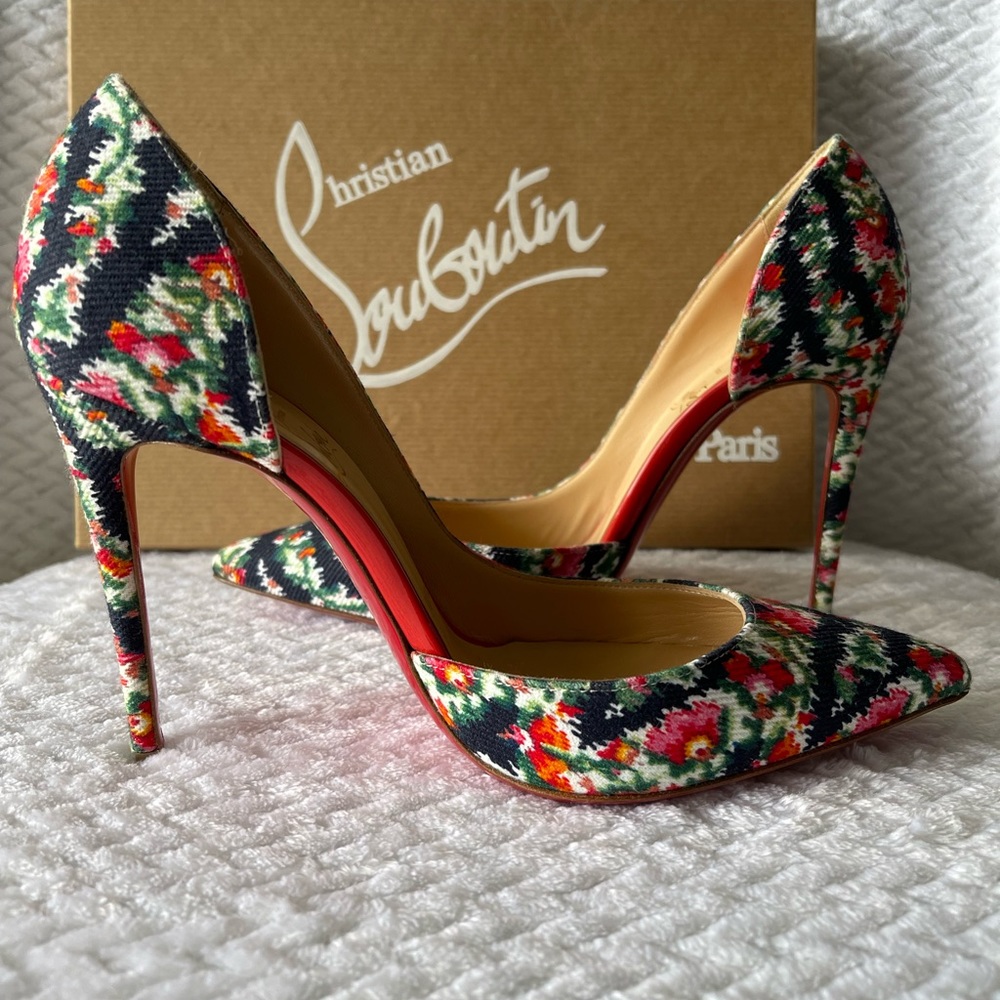 CHRISTIAN LOUBOUTIN IRIZA FLORAL DENIM HEELS